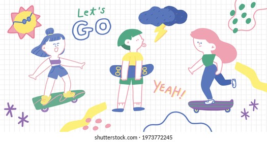 Cute Girls play surf skate cartoon with cool element: sun, storm, thunder, doodle, and words in hand draw.