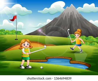Cute girls playing golf in the court