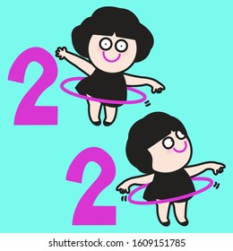 Cute Girls Playing Hula Hoop With Number Two. Happy New Year 2020 Concept Card Character illustration