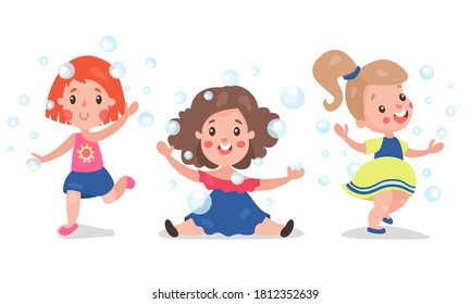 Cute Girls Playing with Soap Bubbles Vector Illustration Set