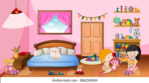 Cute girls playing with their toys in the pink bedroom scene illustration