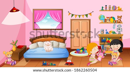 Cute girls playing with their toys in the pink bedroom scene illustration