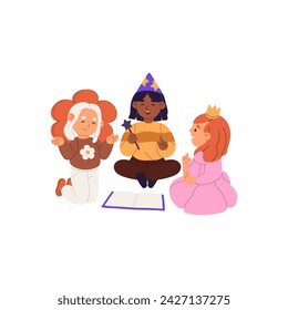 Cute girls in princess costumes read book. Funny child with magic wand, hat plays with friends. Kids friendship. Children fun in kindergarten together. Flat isolated vector illustration on white