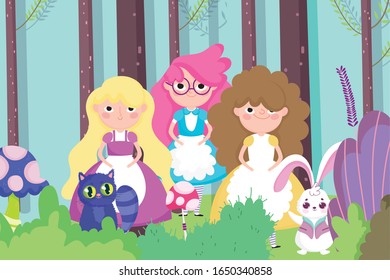cute girls rabbit cat forest nature foliage, children character vector illustration