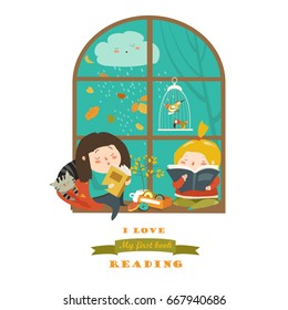 Cute girls reading book by the window