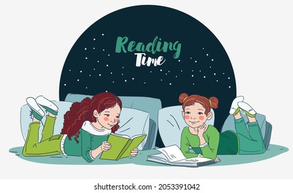 Cute girls reading books in the bedroom