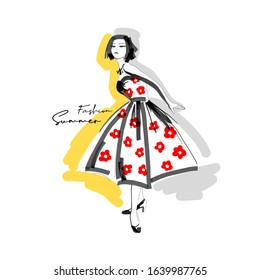 Cute Girls In Retro Flowers Dresses Of The 50s On A Yellow Background. Fashion Brush Graphic. Hand Drawn Style Print. Vector Illustration.