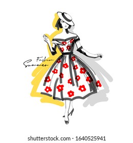 Cute girls in retro flowers dresses of the 50s on a yellow background. Fashion brush graphic. Hand drawn style print. Vector illustration.