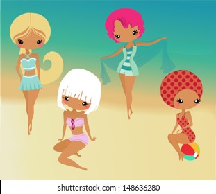 Cute Girls in Retro Swim Suits - Four cute baby girls, including blond and redhead, at the beach, wearing colorful retro swimsuits and accessories 