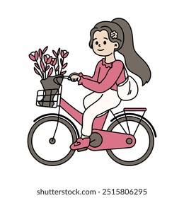 Cute Girls Riding Bicycle - Bring Flower Bucket