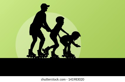 Cute girls in roller skates with father vector background family concept