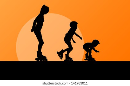 Cute girls in roller skates with mother vector background family concept