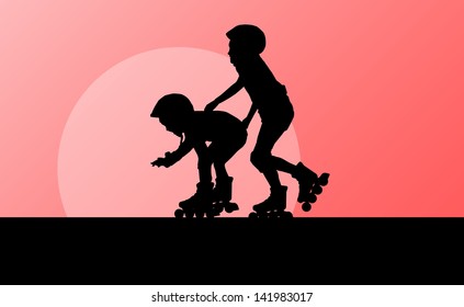 Cute girls in roller skates vector background