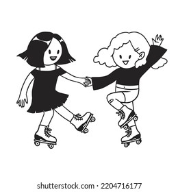 Cute girls with rollerskates. Isolated vector illustration in cartoon style.