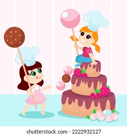 Cute girls in room with huge candy pop and  girl with lollipop near huge cake. Cheerful cartoon illustration of children's love for sweets.