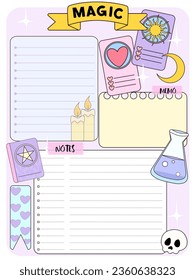 Cute girls school notes with magic star moon  poison , blue, pink, white, magenta, cartoon character, empty to do list, weekly planer for kid's education, reminder ready for print  inspiration