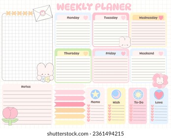 Horario escolar de las niñas con conejito, personaje de caricatura kawaii, lista vacía para hacer, planificador semanal de educación infantil, recordatorio vectorial listo para imprimir nota de inspiración ir al horario escolar 