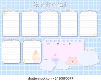 Cute girls school timetable with cloud, white, blue, purple, pink, empty to do list, weekly planer for kid's education, vector reminder ready for print 