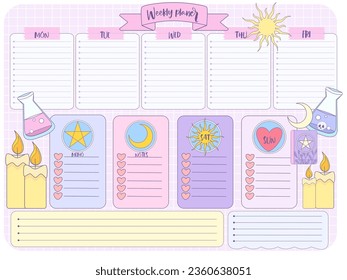 Cute girls school timetable with magic star moon  poison , blue, pink, white, magenta, cartoon character, empty to do list, weekly planer for kid's education, reminder ready for print  inspiration