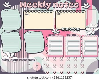 Cute girls school timetable with strawberry, beige, pink, green, magenta, flowers, empty to do list, weekly planer for kid's education, vector reminder ready for print 90's 2000 00's