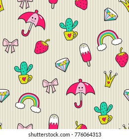 Cute girl's seamless pattern with stickers . Vector background