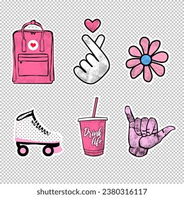 Cute girl's set of vector stickers aesthetic retro 80's 90's disco cool Bag, hand with heart, Finger love symbol, hippie flower, take away cup shaka hand love, rollers, girly trends, party, invitation