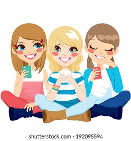 Cute girls sitting on floor using their smartphones smiling happy