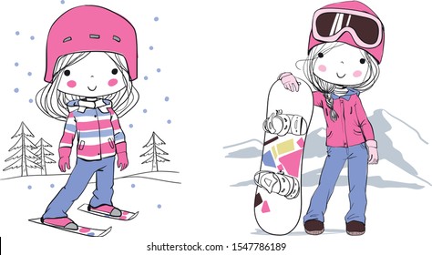 かわいい女の子がスキーやスノーボードをしている 冬のスポーツのテーマ のベクター画像素材 ロイヤリティフリー