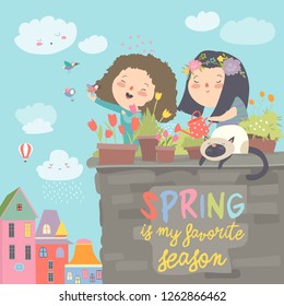 Cute girls standing on a balcony holding watering can in her hand and watering flowers in a pot