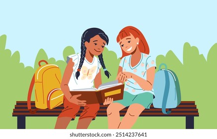 Estudantes de meninas bonitas lendo livro no parque ilustração plana. Amigos fazendo dever de casa personagens 2D fundo de desenho animado. Aprendizagem da imagem vetorial da cena