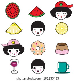 Cute girls and Summer Treats icons illustration set