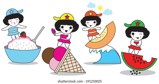 Cute girls with Summer Treats illustration set