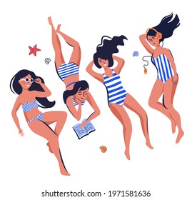 cute girls in a swimsuit lie on the beach on the beach reading a book. listen to music. sunbathing