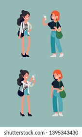 Cute girls taking pictures of each other with mobile phone. Flat character design on young adult women having fun posing for mobile phone camera, isolated Cute girls taking pictures of each other with mobile phone. Flat character design on young adult women having fun posing for mobile phone camera, isolated