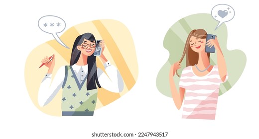 Cute girls talk smartphones set vector illustration. Cartoon isolated young female characters in office and home clothes holding mobile devices to chat with friend, family, husband or employee.