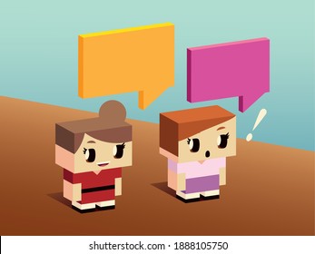 cute girls talking characters cartoon, isometric style vector illustration