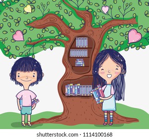 Cute girls with tree library