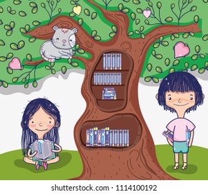 Cute girls with tree library