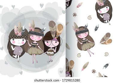 Cute girls tribal illustration for kids