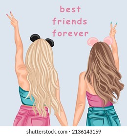 Cute girls. Two friends. Best friends forever.Pretty hair design. Happy friendship concept. Flat vector illustration isolated.