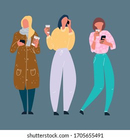 Muchachas educadas usando el diseño de caricaturas vectoriales dibujado a mano por smartphone. Concepto de uso de teléfonos móviles artístico. Carácter de mujer empresaria. Juventud, método moderno de comunicación. 