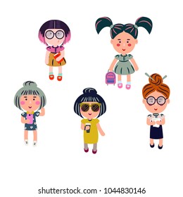 Cute girls vector cartoon set. Fashion teenagers characters.