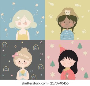 Cute girls vector cartoon set. Happy girl characters.