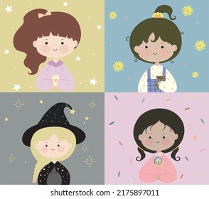 Cute girls vector cartoon set. Happy girl characters.