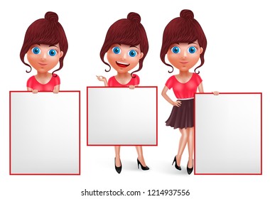 Cute girls vector character set. Fashion woman holding white board or placard with empty space for text and business presentation isolated in white. Vector illustration.
