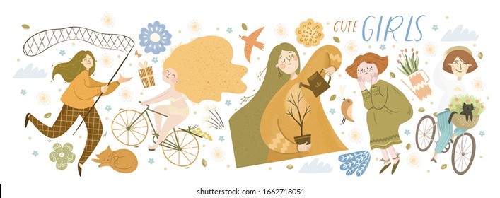 Cute girls! Vector cute illustration of characters with butterfly net, cyclist rides bicycle, girl watering tree, spring flowers, pet and isolated objects. Drawings for a card, poster or postcard