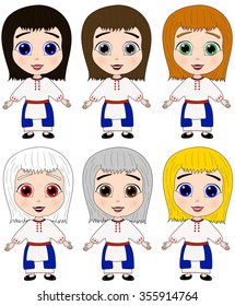 Cute girls vector illustration in ethnic costumes on white background