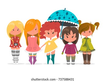 Cute girls vector set, flat illustration, beautiful princess girls.