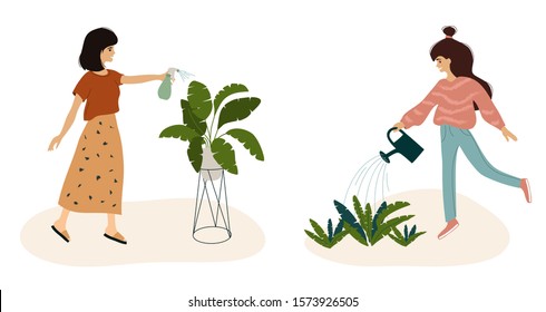 Cute girls watering plant at garden, cozy home. Young women taking care of houseplants, spray leaves by sprayer, growing flower in pot. Vector illustration of urban jungle, lifestyle, slow life, hobby