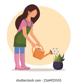 Cute girls watering plant at garden, cozy home. Young women taking care of houseplants, spray leaves by sprayer, growing flower in pot. Vector illustration of urban jungle, lifestyle, slow life, hobby